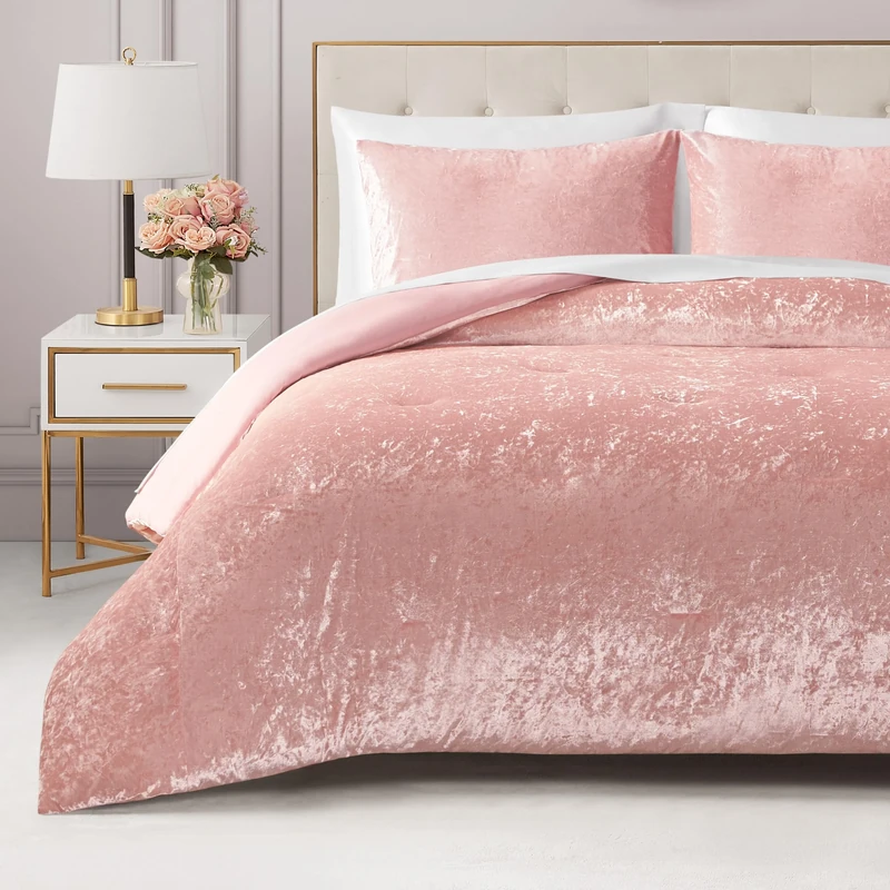 Juicy Couture Crushed Velvet Twin Comforter and Sham Set, 2-Piece Twin Bedding Set - (1) 68"x90" Comforter and (1) 20"x26" Sham - Pink