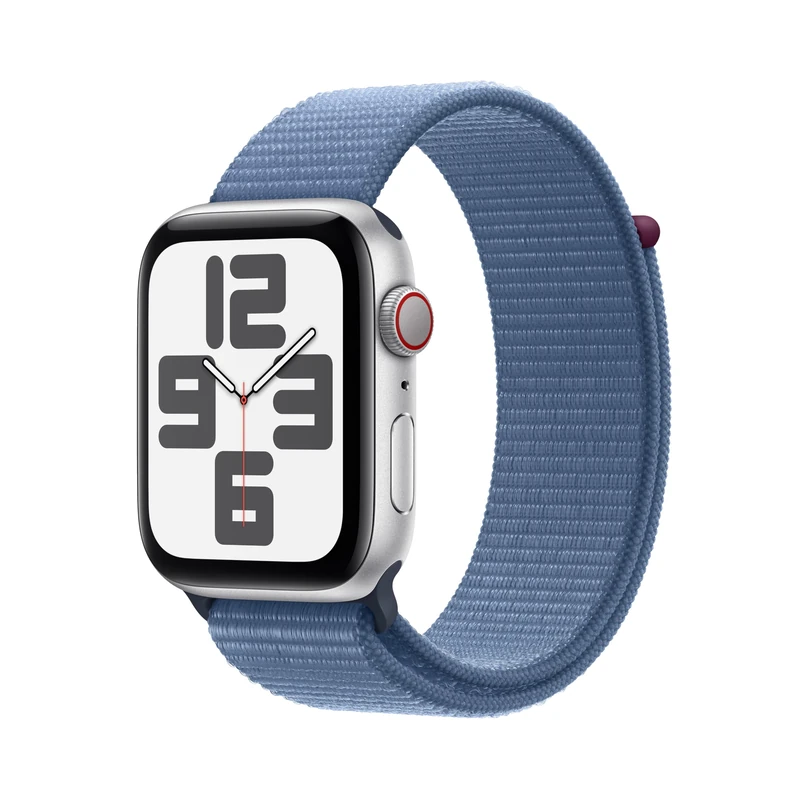 Apple Watch SE (2nd Gen, 2023) [GPS + Cellular 44mm] Smartwatch with Silver Aluminium Case with Winter Blue Sport Loop. Fitness & Sleep Tracker, Crash Detection, Heart Rate Monitor, Carbon Neutral