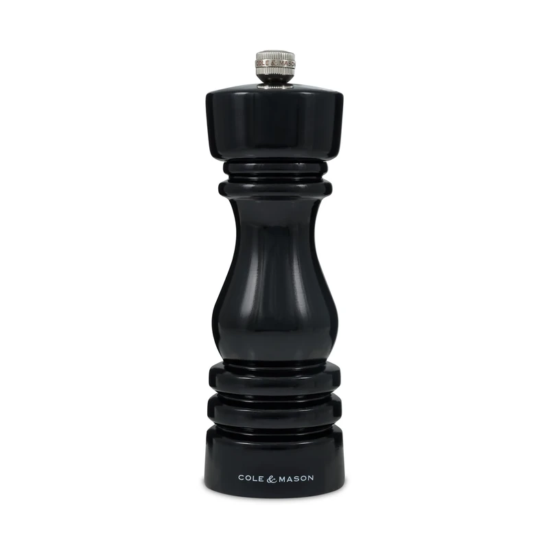 Cole & Mason London Black Gloss Pepper Mill, 18cm Pepper Grinder with Adjustable Grind, Precision+ Carbon Mechanism, Beech Wood, Seasoning Mill, Lifetime Mechanism Guarantee