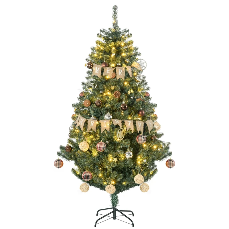 HOMCOM 6ft Pre Lit Artificial Christmas Tree Holiday Décor with 150 Warm White LED Lights and 650 Tips, Banner, Ball, Tag, Tree Decoration, Auto Open