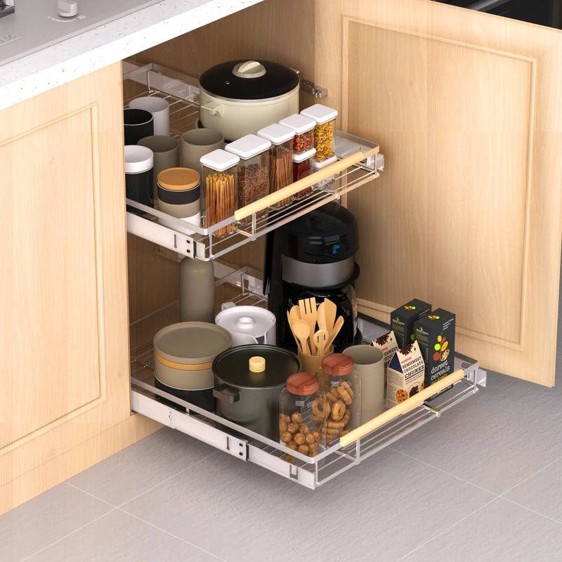 KIKIBRO Pull Out Drawer Cabinet Organizer, Expandable Bottom-Mounted Slide Out Storage Shelves - Heavy Duty, Durable and Smooth Slide-Out, Required Opening Size 12.3"~18.5", 1 Pack