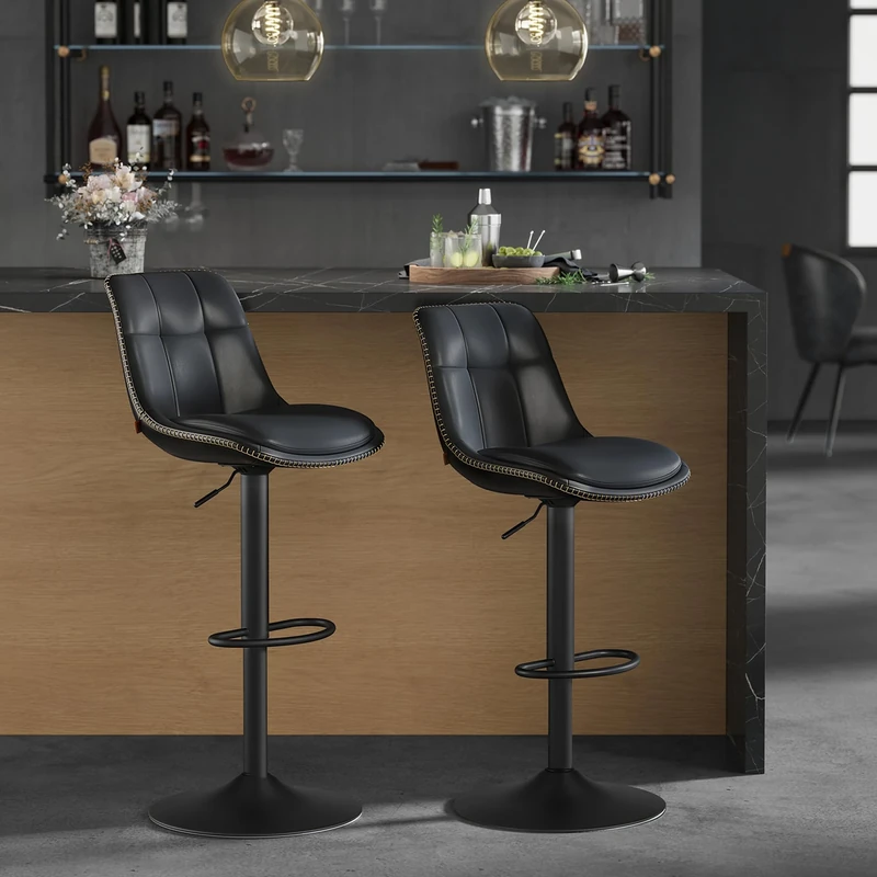 VASAGLE Bar Stools Set of 2, Height Adjustable Swivel Kitchen Stools, Quilt, Synthetic Leather Bar Chairs with Back and Footrest, Dining Room, Counter, Steel, Ink Black LJB095B88
