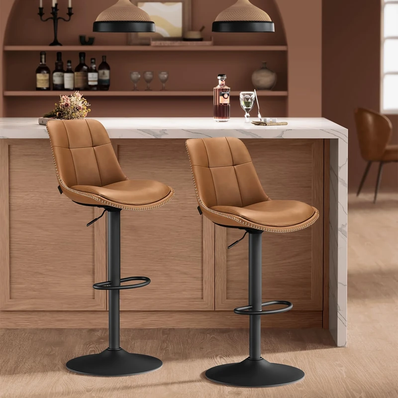 VASAGLE Bar Stools Set of 2, Height Adjustable Swivel Kitchen Stools, Quilt, Synthetic Leather Bar Chairs with Back and Footrest, Dining Room, Counter, Steel, Caramel Brown LJB095K88