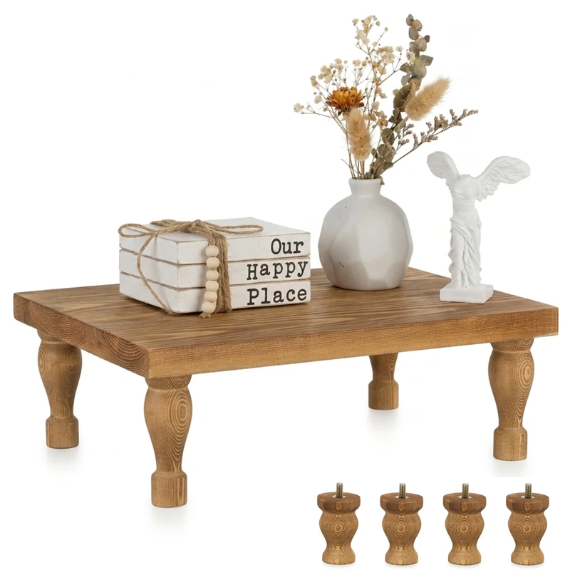 Hanobe Wooden Riser Decorative Tray：Farmhouse Wood Pedestal Display Stand Rustic Tray Riser Centerpiece for Coffee Bar Kitchen Dining Room Home Table Decor, Short & Tall Footed