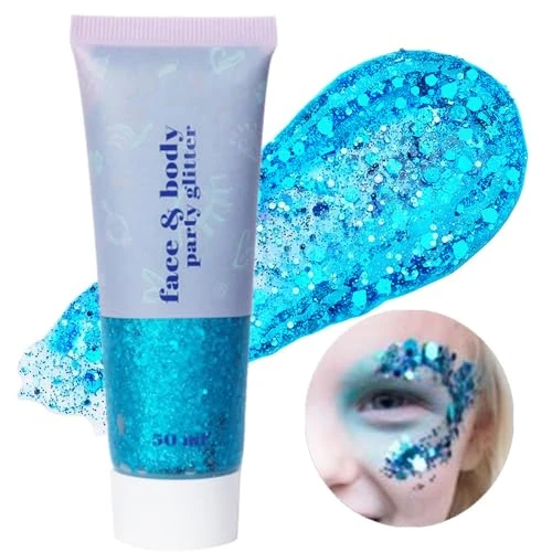 Go Ho Light Blue Face Body Glitter Gel,Mermaid Holographic Long Lasting Chunky Sequins Glitters for Eye Lip Hair Nails,Festival Rave Accessories,52g