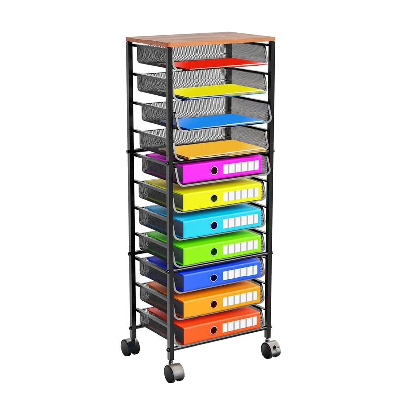 Simple Trending 12 Tier Rolling File Cart,Wood Desk File Organizer with Sliding Trays and Wetal Mesh Paper Letter Storage Multi-Functional Rolling Clutter Cart for Office, Home, School, Black