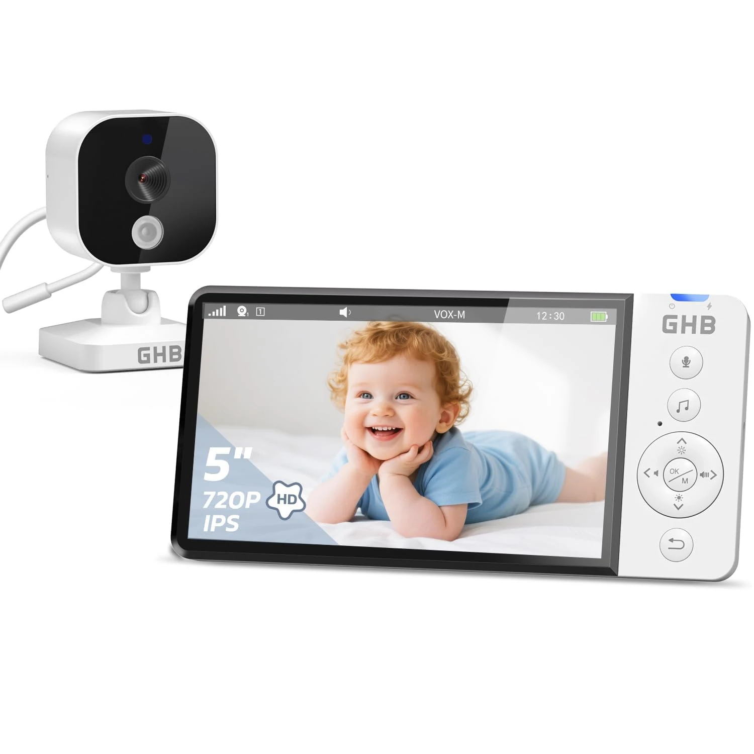 GHB Baby Monitor with Camera and Night Vision 5'' 720P HD 5000mAh Video Baby Monitor Camera IPS Screen, VOX Mode, 2-Way Audio, Temperature Alert, 8 Lullabies