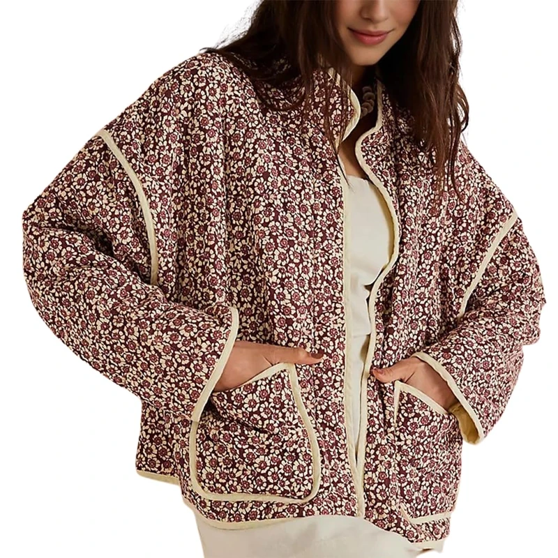 Omoone Women's Cropped Floral Quilted Jacket Cardigan Printed Lightweight Open Front Padded Puffer Coat, 09red, S