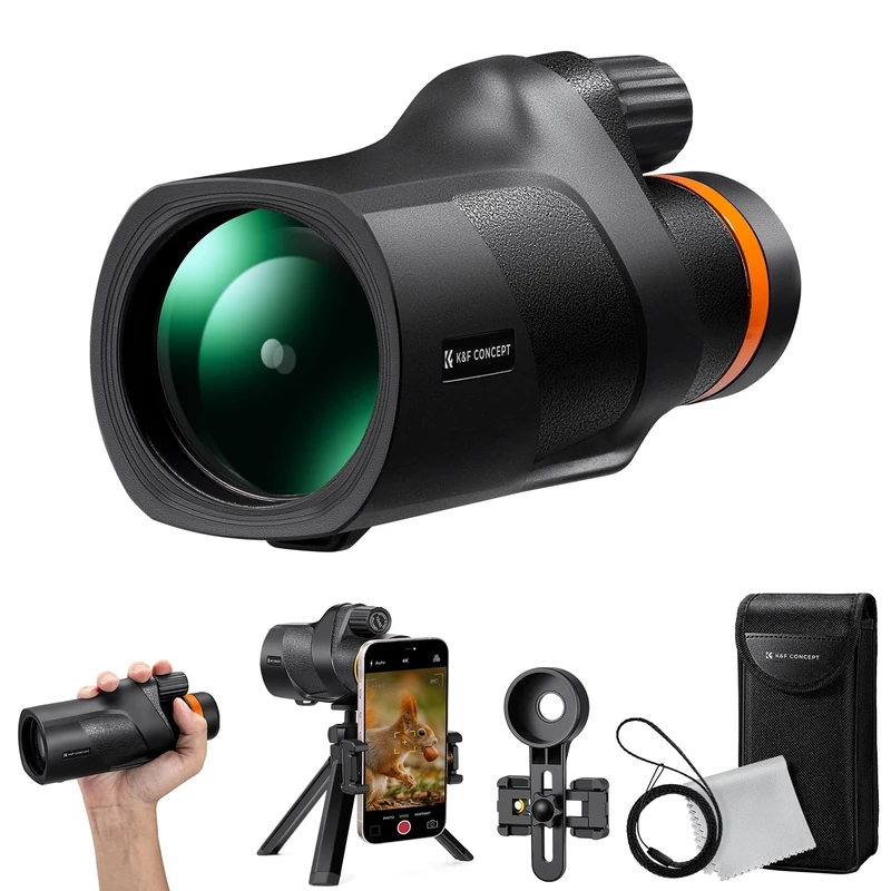 K&F CONCEPT 12X50 HD Monocular，Monoculars Telescope for Adults with Smartphone Holder & Tripod, BAK4 Prism & FMC Lens- IP66 Waterproof- for Bird Watching Hiking Hunting Camping Travelling, Black