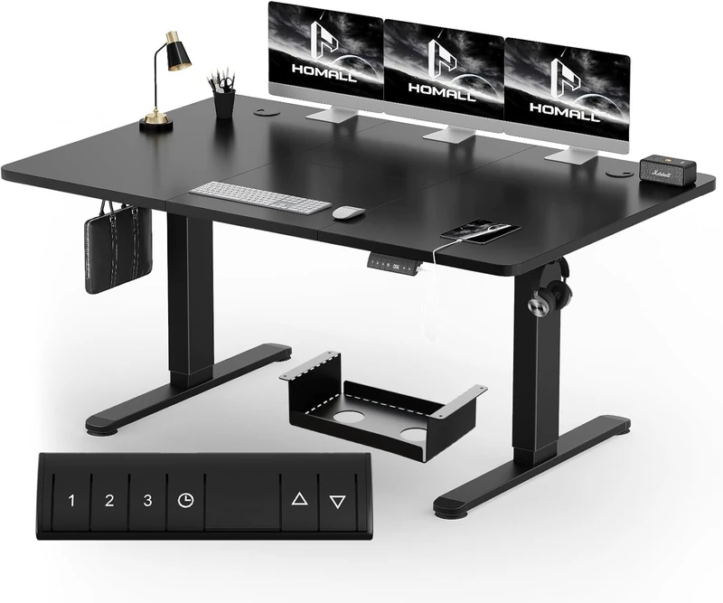 Homall Standing Desk Electric 140x80cm with USB Charging Hook, Height Adjustable Desk 3 Memory Smart Pannel, Sit Stand for Home Office Desks with Splice Board