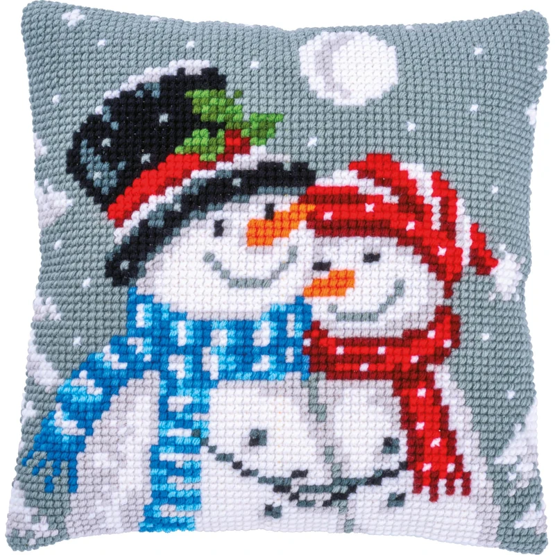 Vervaco Cross Stitch Embroidery Kits Cushion Embroidery Set Beginners Pre-Printed Snowmen DIY Set Creative Set for Adults Decorative Cushion Approx. 40 x 40 cm Craft Set Craftsman Home Decoration