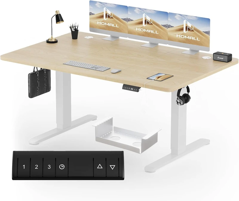 Homall Standing Desk Electric 140x80cm with USB Charging Hook, Height Adjustable Desk 3 Memory Smart Pannel, Sit Stand for Home Office Desks with Splice Board