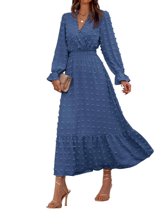 BTFBM Women Fall Maxi Dresses 2025 Long Sleeve V Neck Swiss Dots High Waisted A-Line Ruffle Boho Long Dress Vacation, Blue, M - Image 1