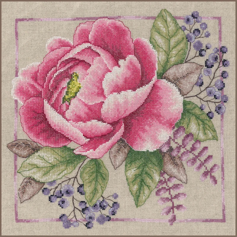 Lanarte Red Blooming Counted Stitch Kit, Linen Look, ca. 33 x 33 cm