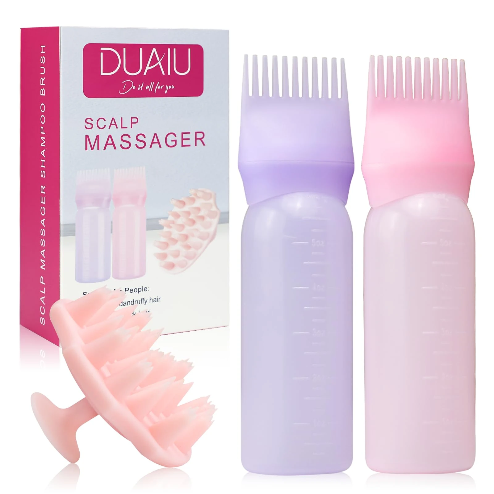 DUAIU Root Comb Applicator Bottle with Scalp Massager Shampoo Brush Head Relaxation Tools, Pink and Purple（3 Pcs）