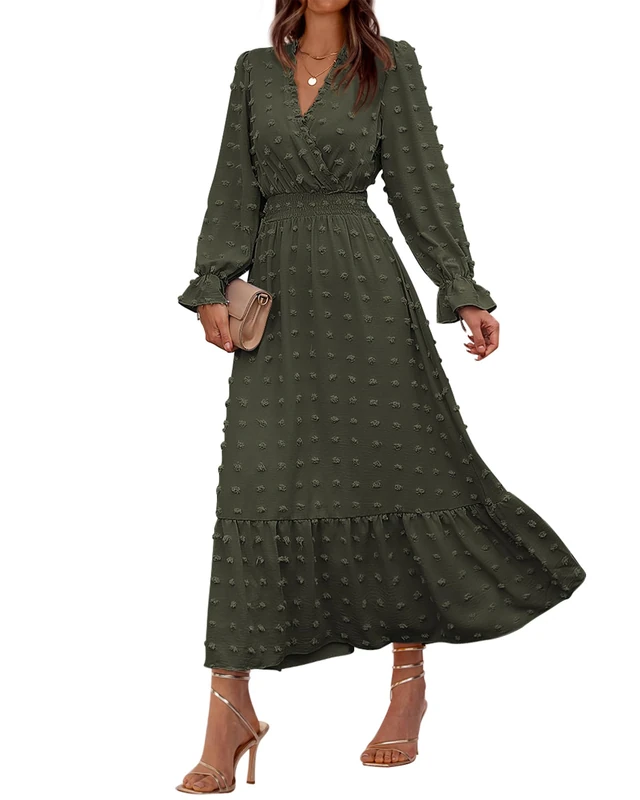BTFBM Women Fall Maxi Dresses 2025 Long Sleeve V Neck Swiss Dots High Waisted A-Line Ruffle Boho Long Dress Vacation, Army Green, XL