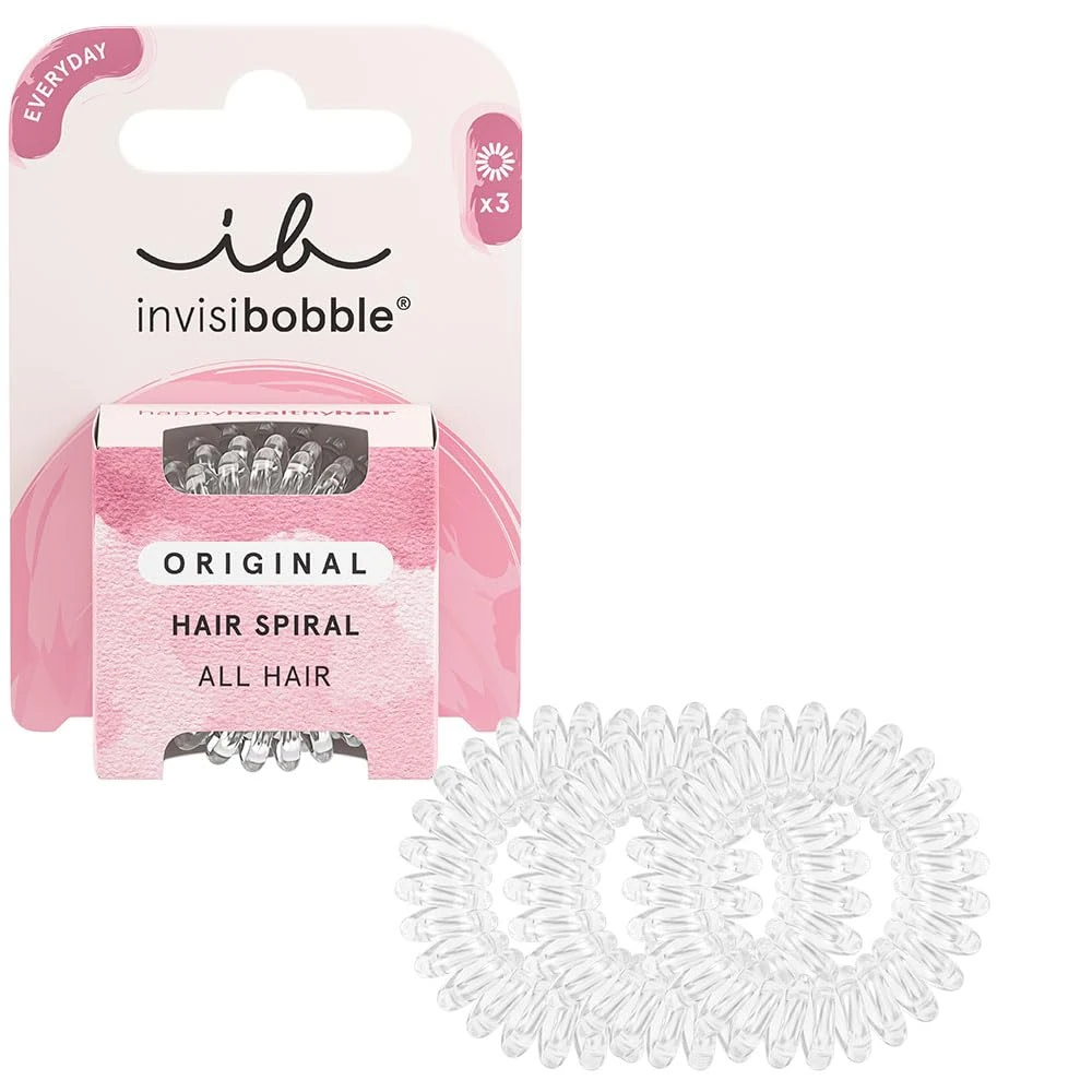 Invisibobble Original Hair Bands Crystal Clear I Spiral Elastics for Girls and Ladies I Strong Hold and Respectful Hair I Anti Hair Breakage I Pack of 3