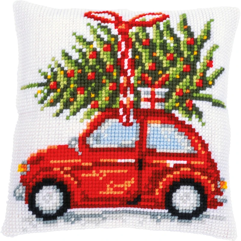 Vervaco Cross Stitch Embroidery Kits Cushion Embroidery Set Beginners Pre-Printed Christmas Car DIY Set Creative Set for Adults Decorative Cushion Approx. 40 x 40 cm Craft Set Craftsman Home