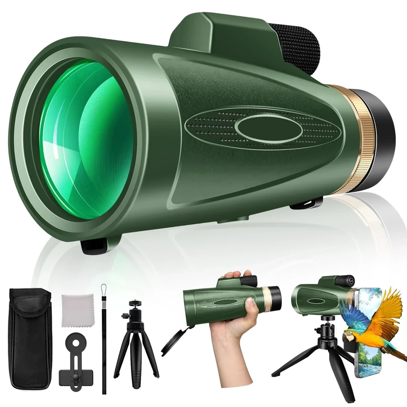 Monocular Telescope 80x100 High Power with Smartphone Adapter & Tripod, BAK4 Prism & FMC Lens for Bird Watching, Hunting, Hiking, Camping & Wildlife-Green