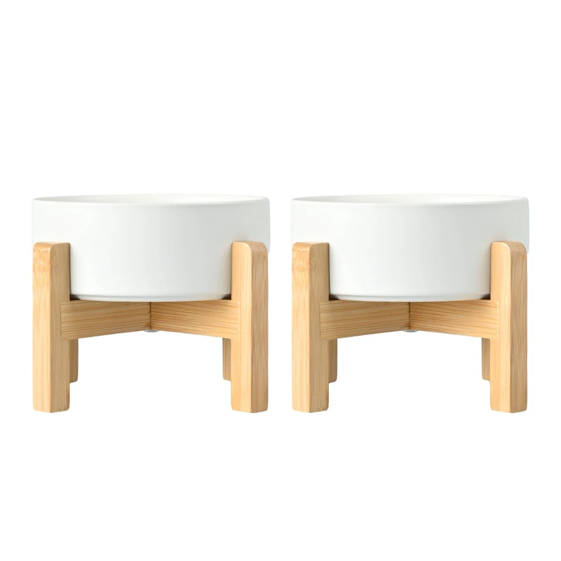 SPUNKYJUNKY Ceramic Dog Food and Water Bowl Set 2 Pack Raised Dog Bowls Anti-Slip Wooden Stand Elevated Dog Feeding Bowls for Large Breeds(White,60OZ*2)