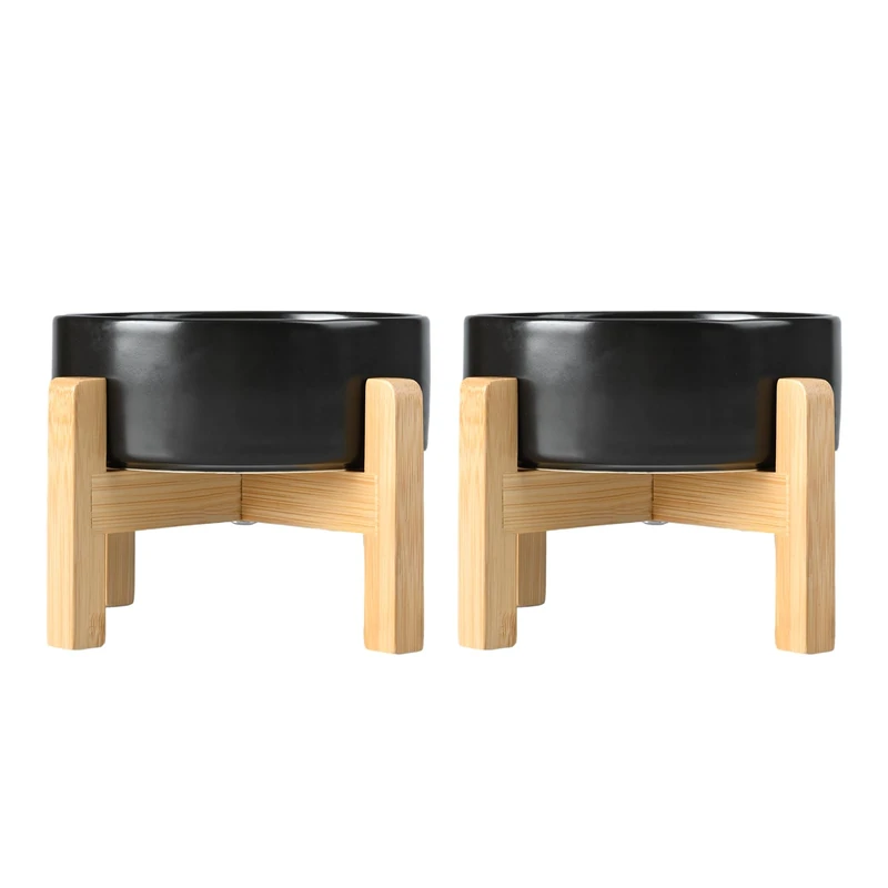 SPUNKYJUNKY Ceramic Dog Food and Water Bowl Set 2 Pack Raised Dog Bowls Anti-Slip Wooden Stand Elevated Dog Feeding Bowls for Large Breeds(Black,60OZ*2)