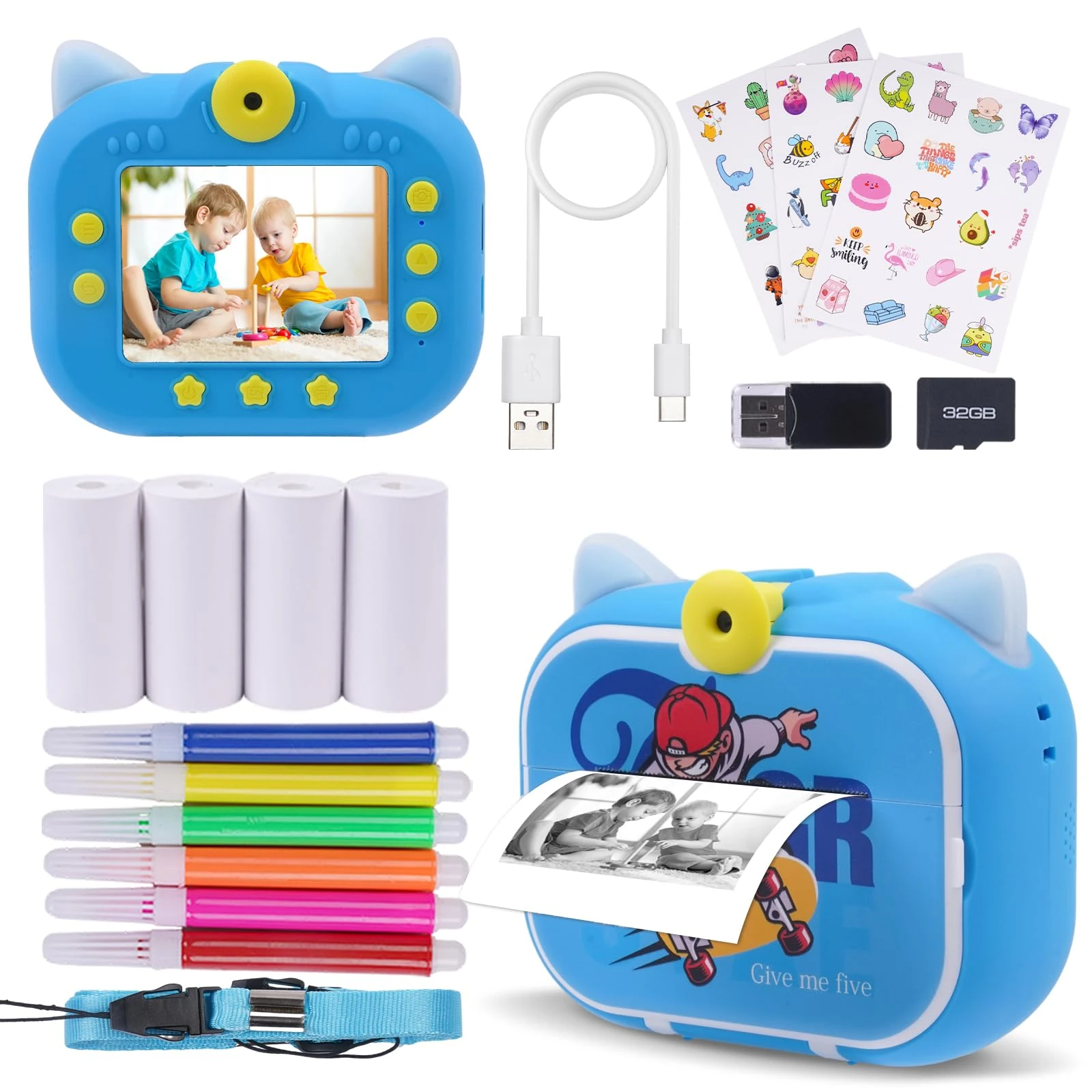 DYNASONIC Instant Kids Camera (2nd Generation Skater). Digital photo and video camera. 48MP. 2,5k UHD. SD 32GB, 4 digital printing paper. Gift for children from 3 to 14 years old