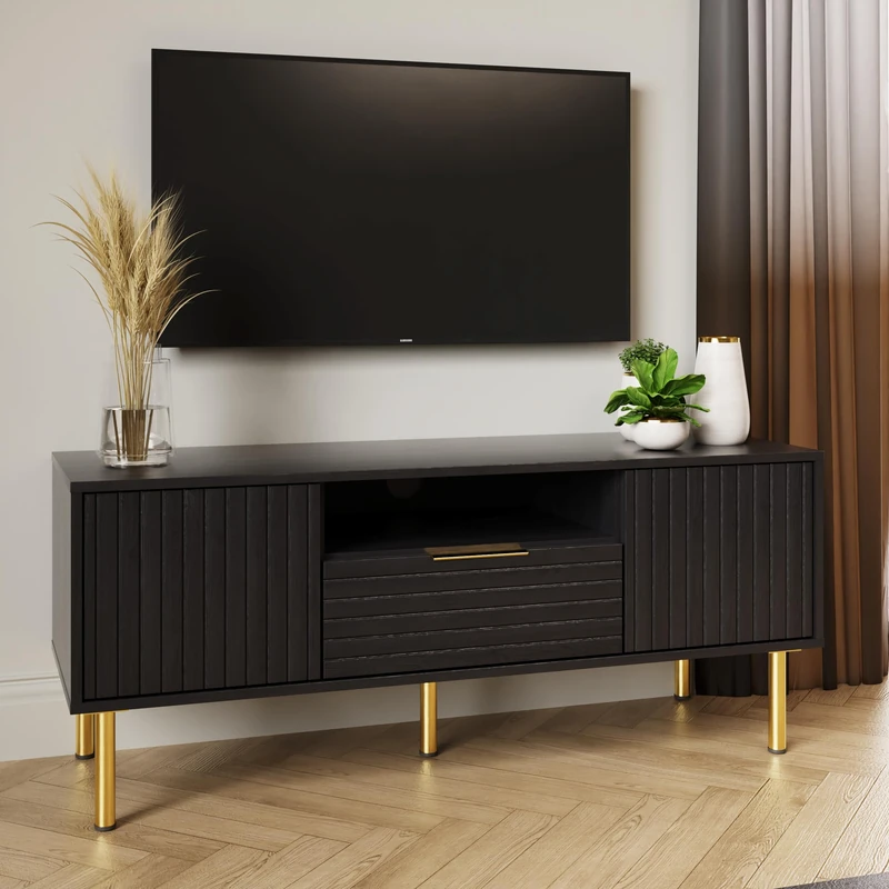 GFW Nervata TV Unit, Black Media Storage Cabinet with 1 Drawer and 2 Doors, Art Deco Style TV Stand with Wood Grain Texture for Living Room Furniture