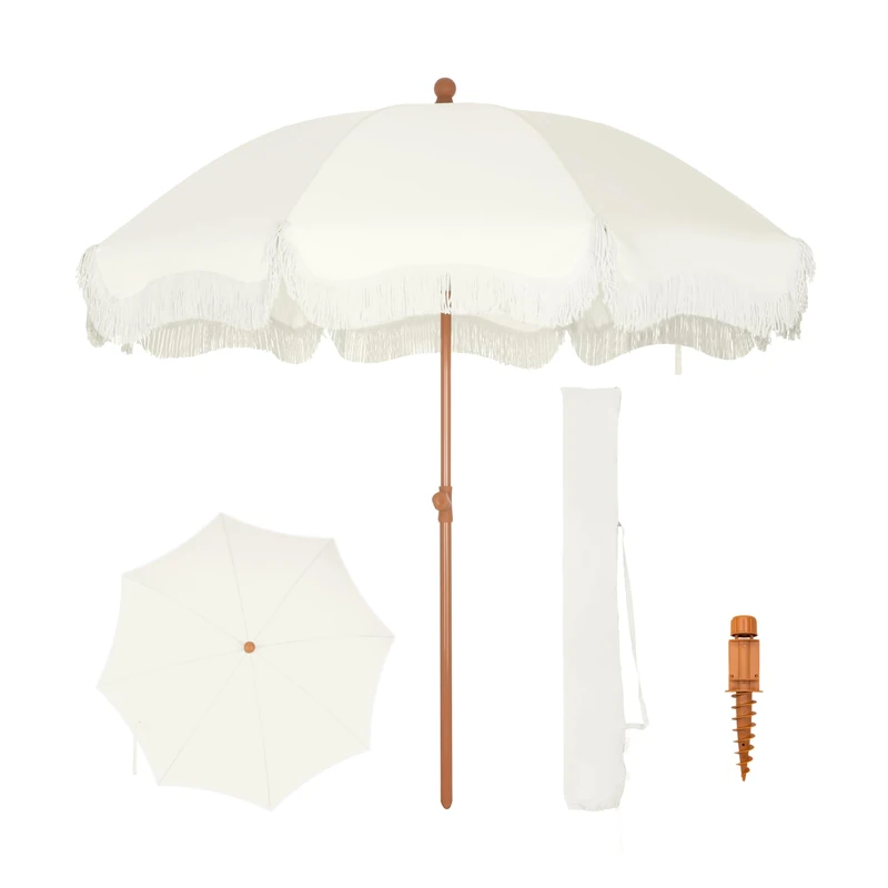PHI VILLA 7ft Beach Umbrella with Fringe & Sand Anchor, Outdoor Patio Heavy Duty Windproof Portable Tassel Umbrellas for Sand with Push Button Tilt & Carrying Bag, UPF 50+, White(No Base)