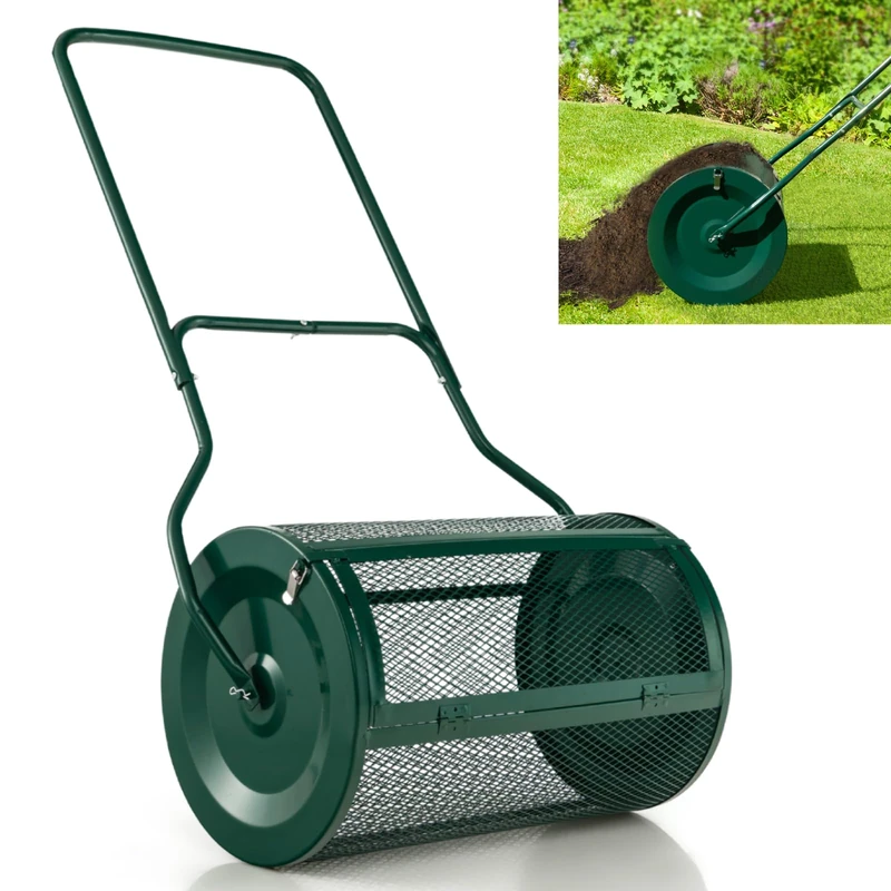 GiantexUK 27’’ Compost Spreader, Peat Moss Seeding Manure Fertiliser Garden Roller with U-shaped Handle & Side Clasps, Heavy Duty Metal Mesh Basket Top Dresser Lawn Spreader, 76L (Green)