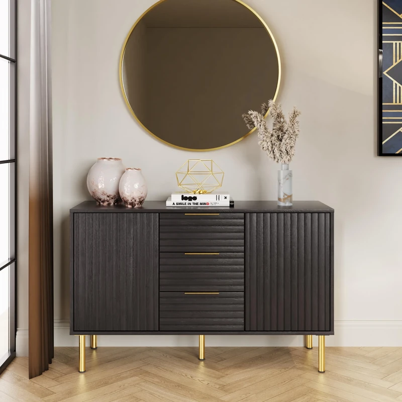 GFW Nervata Black Sideboard - 3 Drawers, 2 Doors, Dining Room Storage