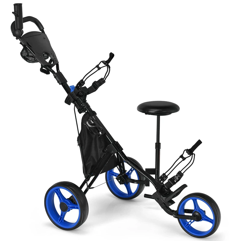 GYMAX Golf Push Pull Cart, Lightweight 3 Wheels Golf Trolley with Storage Bag, Foot Brake, Adjustable Umbrella Holder, Padded Seat and 4 Height Position Handle, Foldable Golf Bag Holder (Blue)