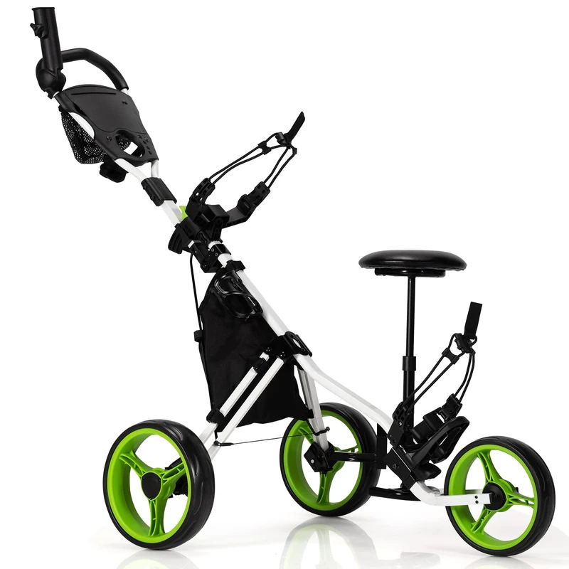 GYMAX Golf Push Pull Cart, Lightweight 3 Wheels Golf Trolley with Storage Bag, Foot Brake, Adjustable Umbrella Holder, Padded Seat and 4 Height Position Handle, Foldable Golf Bag Holder (Green)