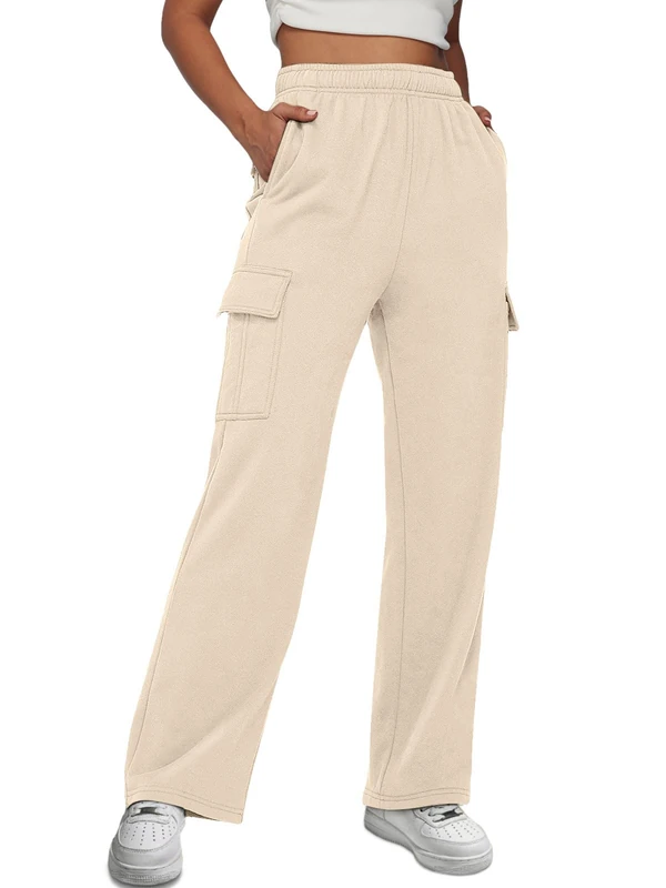 AUTOMET Womens Cargo Sweatpants Casual Baggy Fleece High Waisted Joggers Pants, Apricot, XS - Image 1