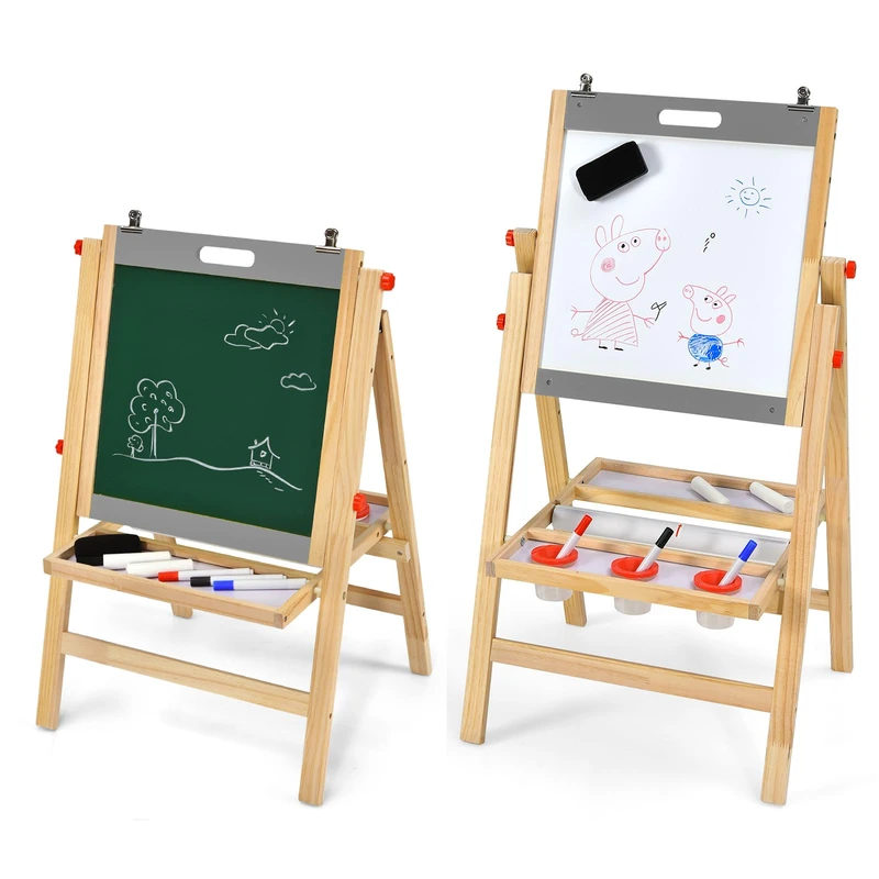 GYMAX Children Easel, Wooden Chalkboard Painting Board (Natural + Grey)