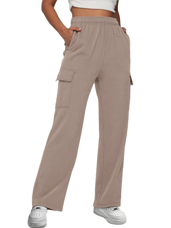 AUTOMET Womens Cargo Sweatpants Casual Baggy Fleece High Waisted Joggers Pants, Coffeegrey, M