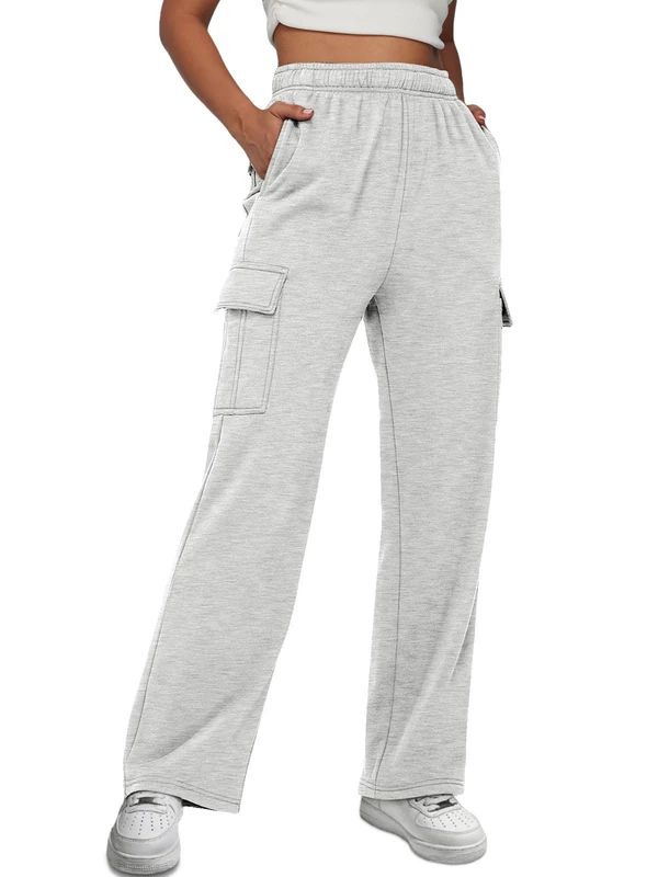AUTOMET Womens Cargo Sweatpants Casual Baggy Fleece High Waisted Joggers Pants, Grey, XS