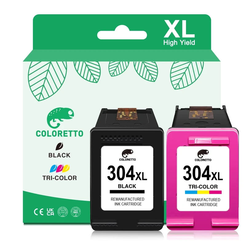 COLORETTO 304 Ink Cartridges Black and Colour for HP 304 XL for DeskJet 3750 3760 3700 3762 2600 2630 2632 Envy 5000 5032 5030 AMP 120 Printer Ink for HP 304 Replacement, 2 Pack
