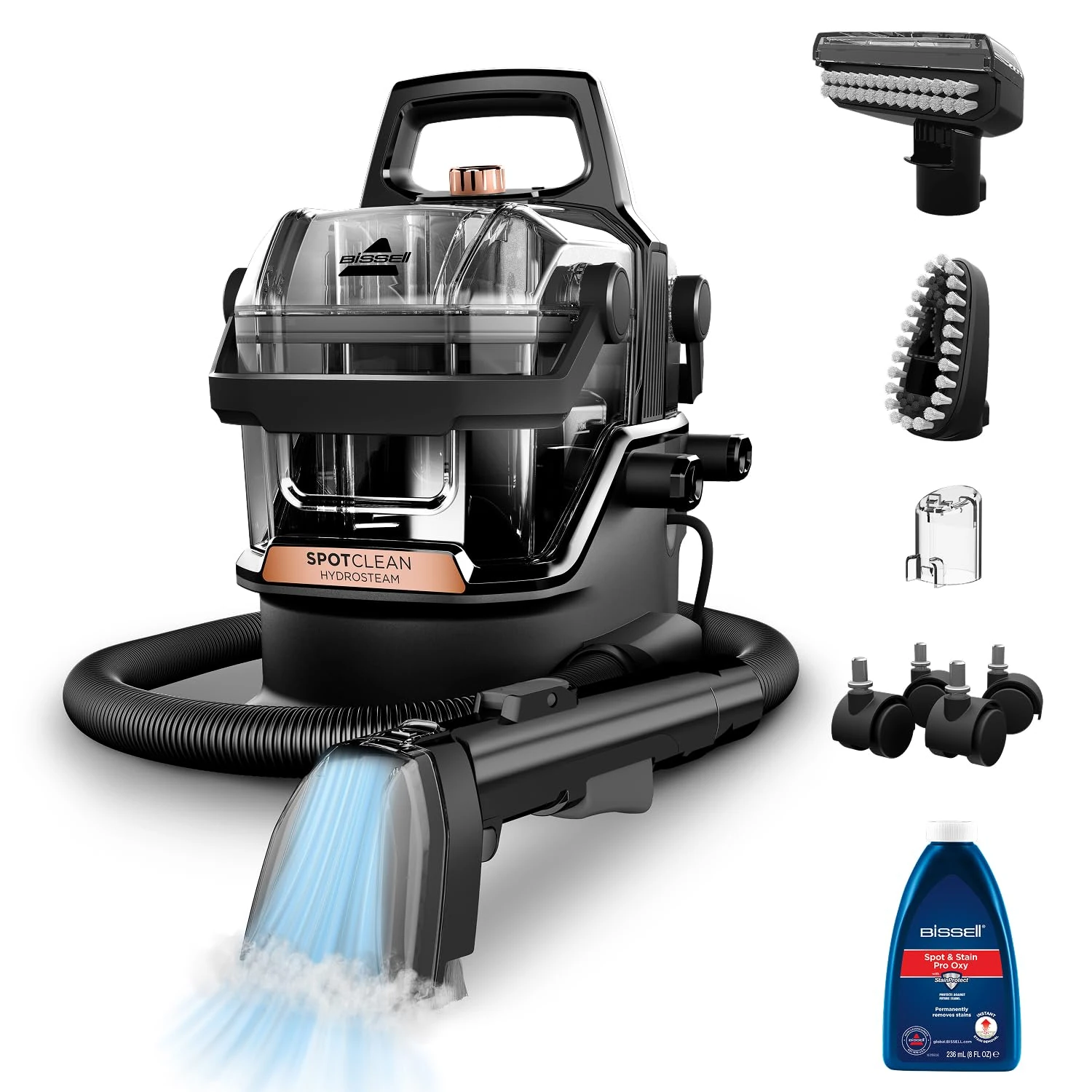 BISSELL® SpotClean® HydroSteam™ | 1000W Portable Spot Cleaner | Lift the toughest stains with HydroSteam™ Technology | Easy Self Cleaning Tool | Clean Carpets, Upholstery & Car | 3689E | Black/Copper