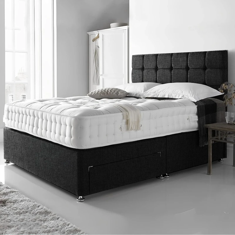 Divan Beds Deals 5FT King Size Luxurious Black Plush Fabric Divan Bed with Mattress, Cube Headboard, & 2 Storage Drawers