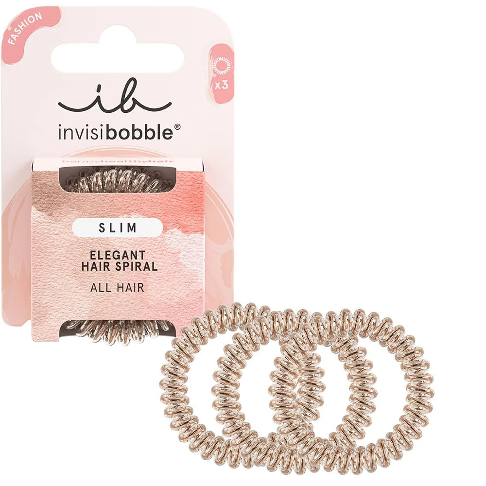 invisibobble Slim Bronze and Beads - Thin Hair Scrunchies Bronze for Women & Girls, No Marks, High Comfort, Hair Loving, Water Repellent, Ideal for Fine Hair & Updos, Pack of 3