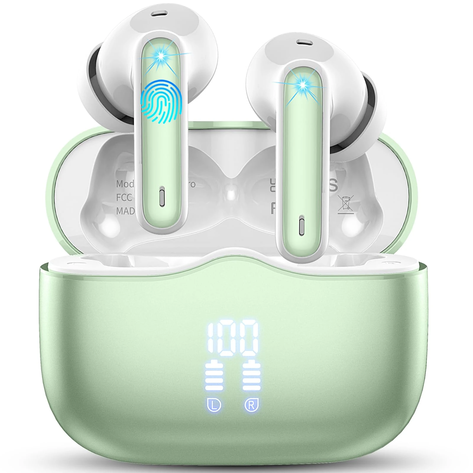 Wireless Earbuds, 2025 Bluetooth 5.3 Headphones in Ear buds HiFi Stereo, 40H Bluetooth Earphones with 4 ENC Noise Cancelling Mic, IP7 Waterproof Wireless Headphones LED Display UltraLight, Grass Green
