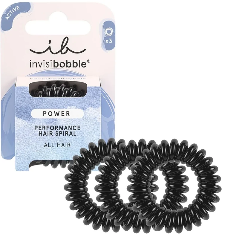 invisibobble Power True Black Spiral Hair Scrunchies for Thick Hair & Active Lifestyle, HAIRLOVETECH™ Technology, Strong Hold & Comfort, Ideal for Men & Women, Pack of 3