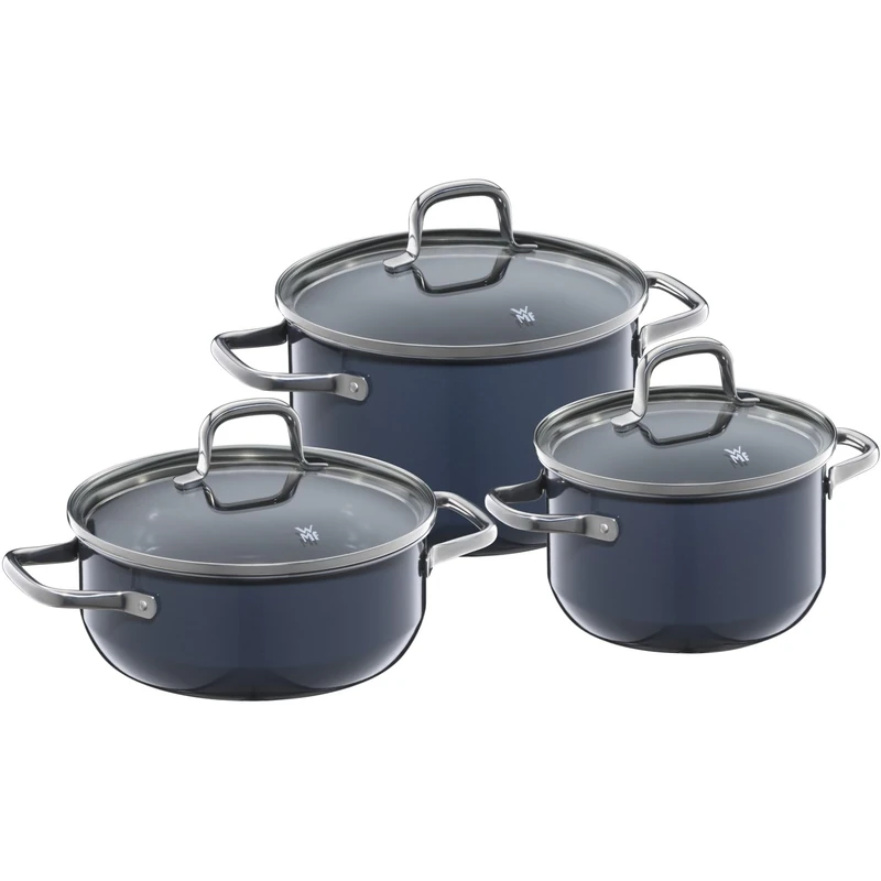 WMF Fusiontec Essential Induction 3-Piece Saucepan Set with Glass Lid, Induction Pots Set, High-Tech Ceramic, Scratch-Resistant, Uncoated, Dark Blue
