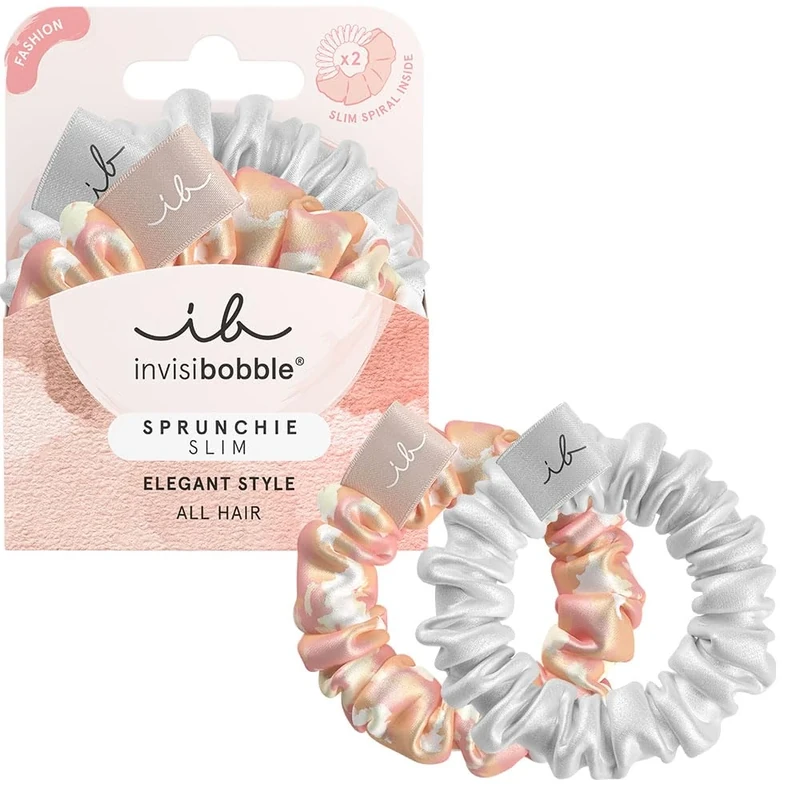 invisibobble Scrunchie Slim Bella Chrome, 2 x Fabric Hair Bobbles Apricot & Silver, Silk Scrunchie with Spiral Hair Elastic, Maximum Hold for All Hair Types, Pack of 2