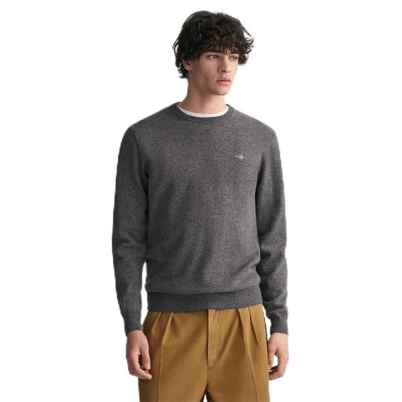 GANT Men's Superfine Lambswool C-Neck Pullover Sweater, Charcoal Melange,