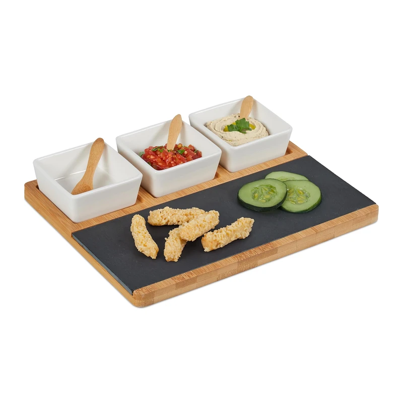 Relaxdays Serving Set 8-pcs, with Bamboo Board, Slate Plate & Spoons, for Dips, Antipasti, Tapas, 4.5 x 28 x 22 cm, Ceramics
