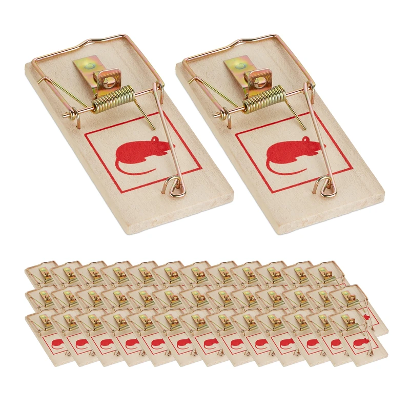 Relaxdays Mouse Trap, 40x Set, Classic, Rodent, Rat, Infestation, Extermination, Outdoor, Indoor, Metal, Wooden, Natural, Wood, 2 x 4.5 x 10 cm