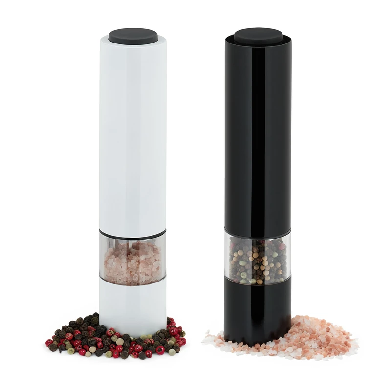 Relaxdays Salt and Pepper Grinder, 2x Set, Kitchen, Season, Herbs & Spices, Shaker, Electronic, LED-light, Black/White, Stainless steel, 23 x 5 x 5 cm