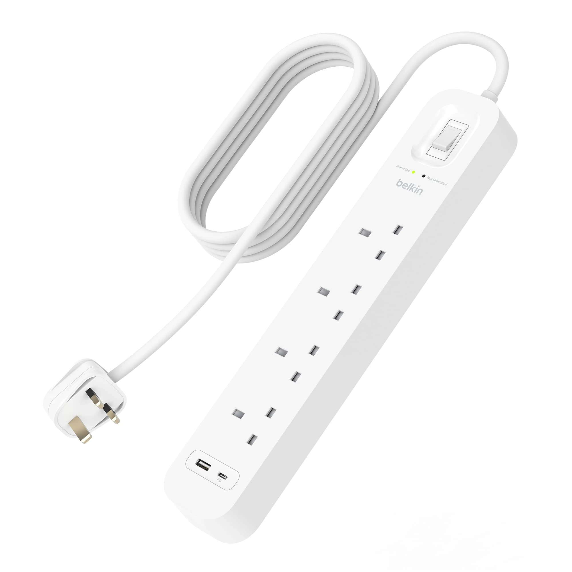Belkin 4-Outlet Surge Protector Power Strip, Wall-Mountable with 4 AC Outlets, 2M Power Cord, & Green Indicator Light - USB-C Port & USB-A Port w/USB-C PD Fast Charging - 525 Joules of Protection