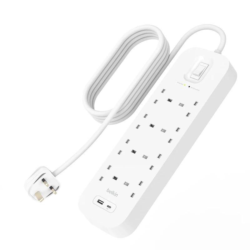 Belkin 8-Outlet Surge Protector Power Strip, Wall-Mountable with 8 AC Outlets, 2M Power Cord, & Green Indicator Light - USB-C Port & USB-A Port w/USB-C PD Fast Charging - 900 Joules of Protection